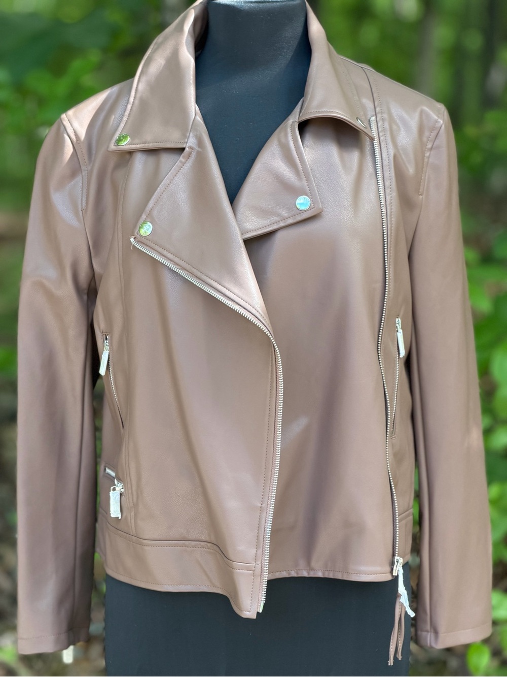 Faux Leather Moto Jacket - Brown